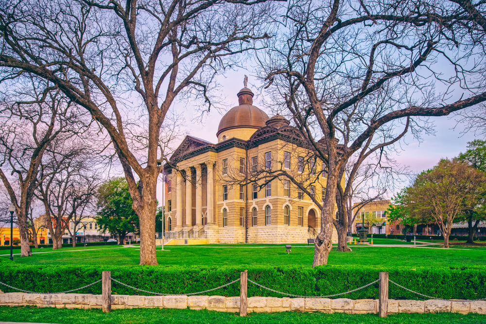 Architectural photograph of the historic Hays County Courthouse in downtown San Marcos - central Texas