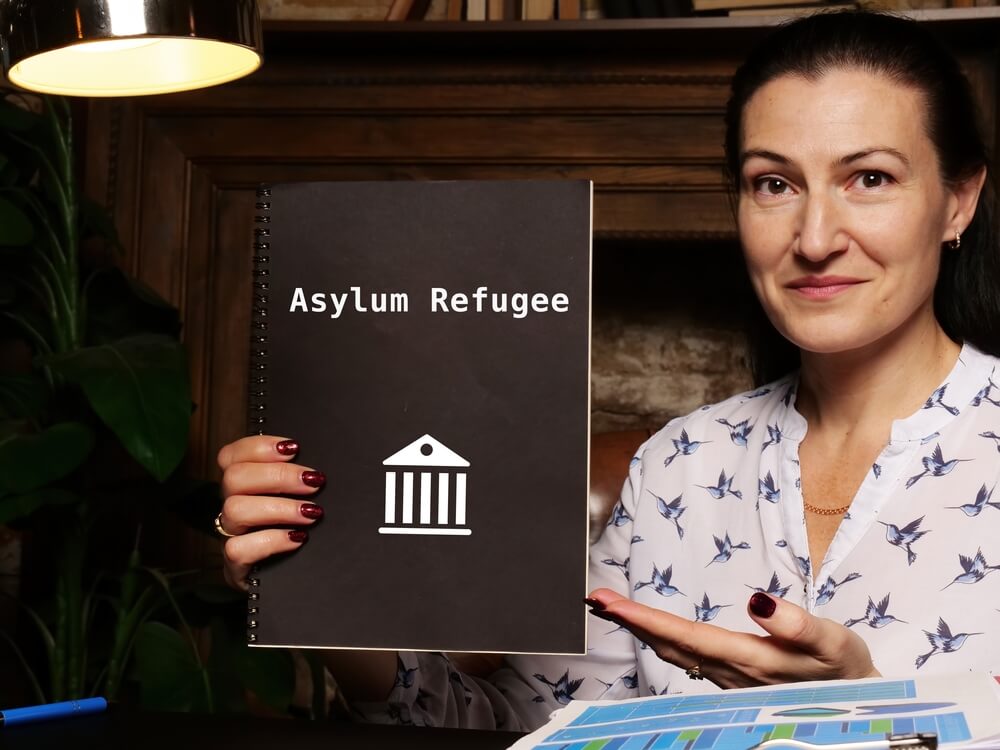 Juridical concept meaning Asylum Refugee with sign on the sheet.