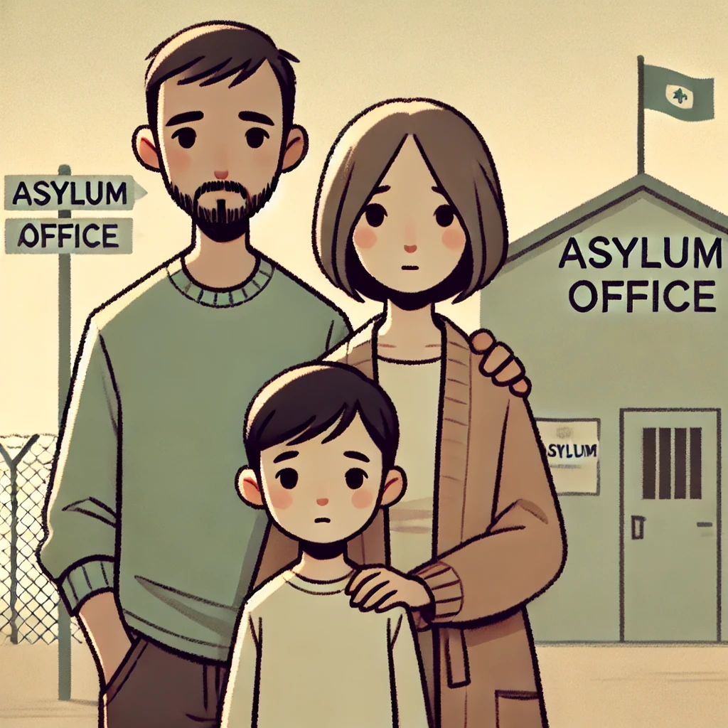 A cartoon-style illustration of an immigrant family, including a parent and child, standing together with neutral expressions. The background is plain, and there is a sign labeled 'Asylum Office' indicating the direction to seek asylum. The image is simple and minimalistic, focusing on the family and the asylum element.